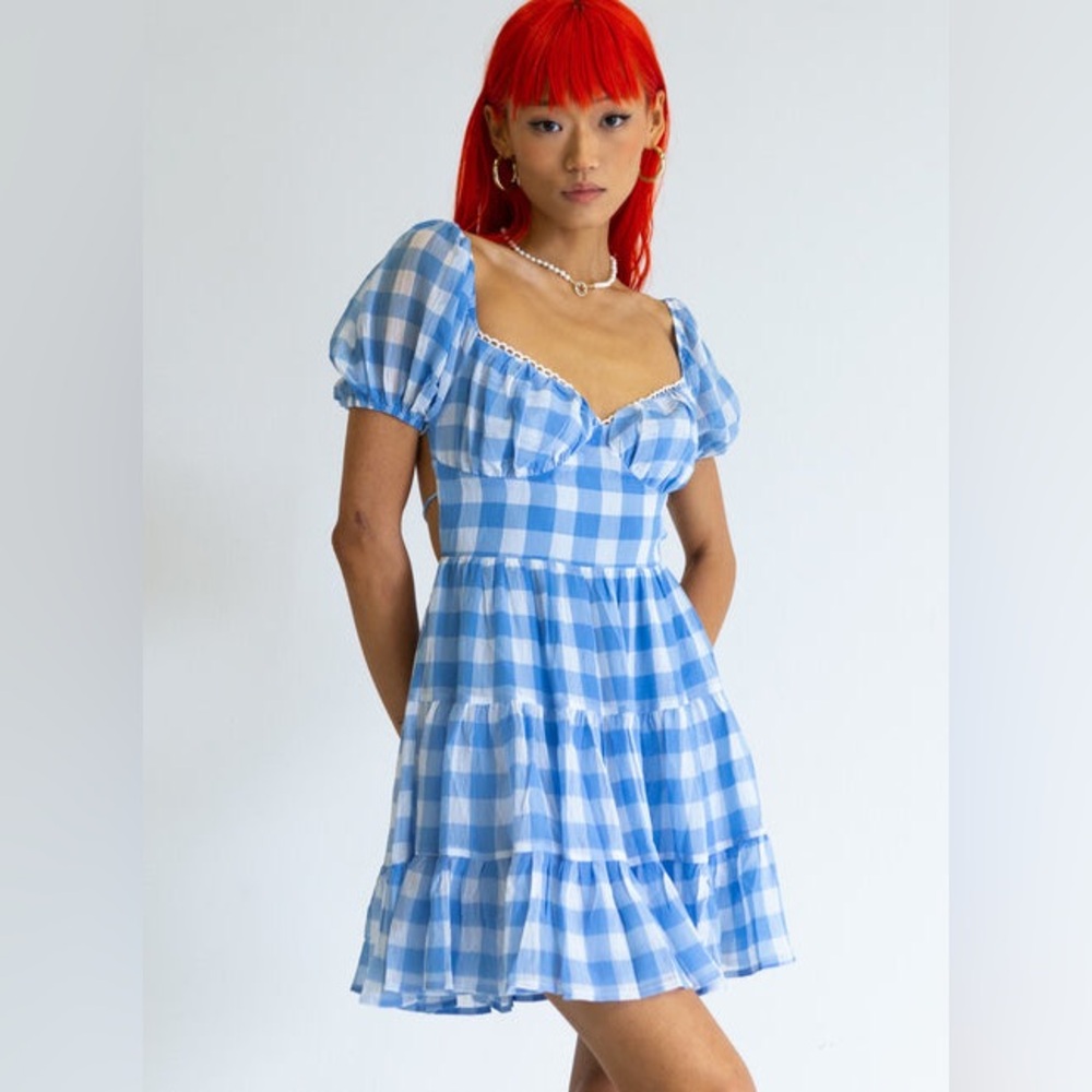 MABLE Anthropologie Blue Checkered Puff Sleeve Mini Dress
